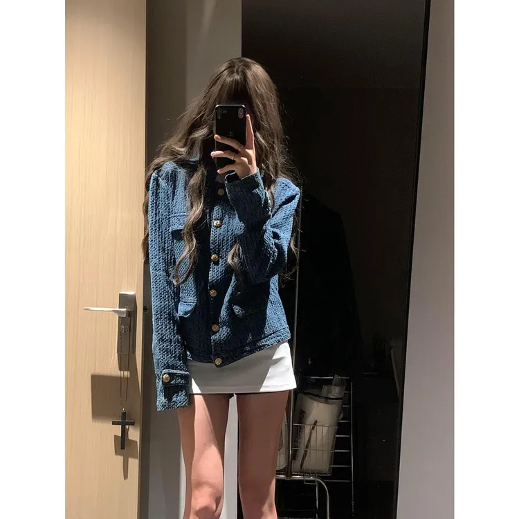 秋季蓝色小香风水洗牛仔外套女早秋2025新款小个子高级感短款上衣