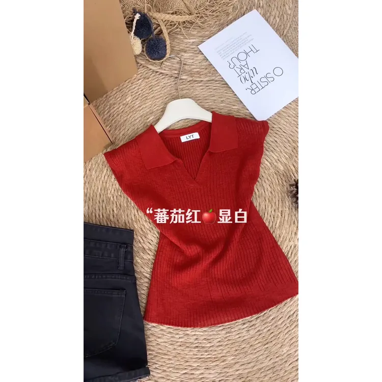 复古红色polo领针织背心女2025夏季外穿气质显白百搭无袖上衣