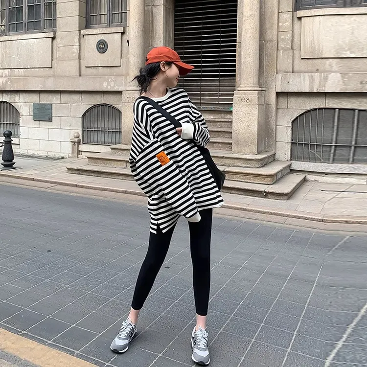 【帝韵】宽松条纹中长款春季外套女卫衣早春打底可外穿显瘦百搭上衣