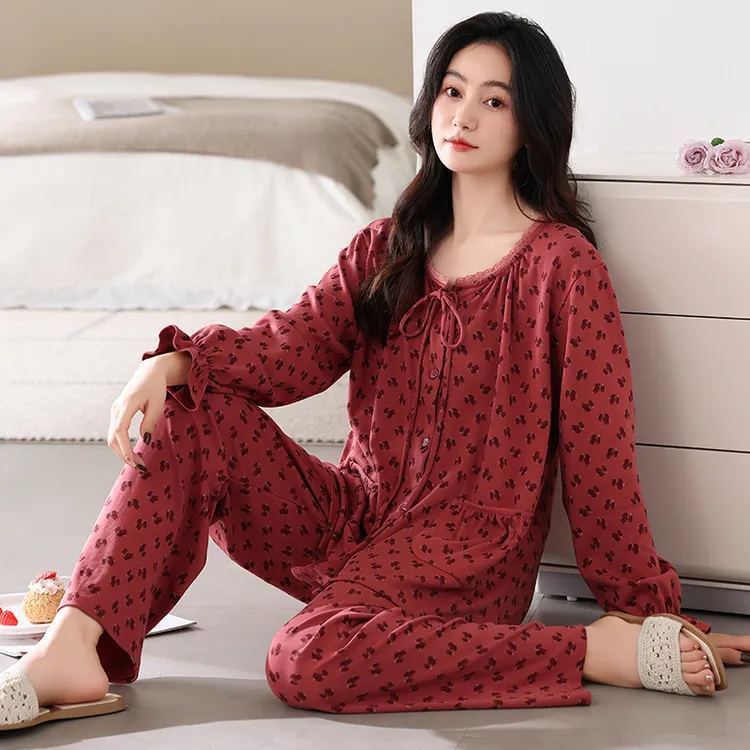 2025春秋新款田园风长袖长裤睡衣女薄款圆领开衫套装可外穿家居服