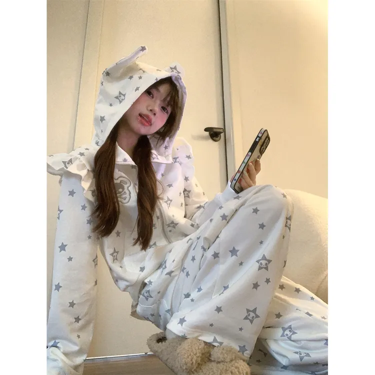 小众设计感星星印花连帽卫衣睡衣女秋季新款长袖长裤家居服两件套