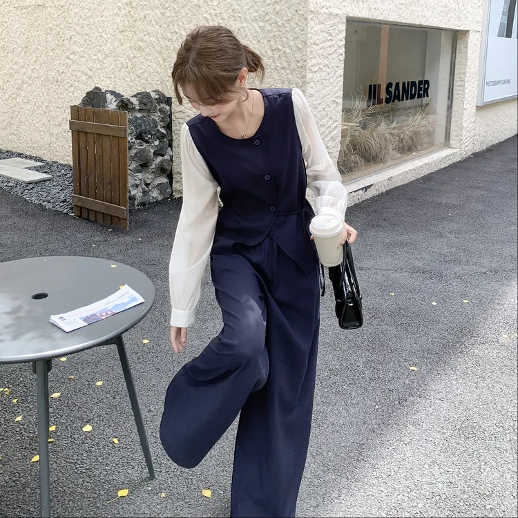 假两件拼接衬衫阔腿裤休闲时尚收腰套装女2025秋季新款减龄两件套