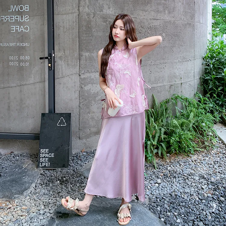 新中式立体蝴蝶套装裙女2025年夏季新款改良旗袍上衣半身裙两件套