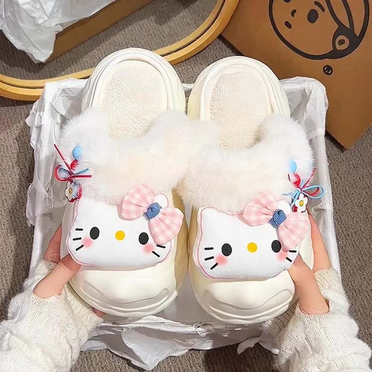 Yuanzi原创-厚底半拖鞋子女2025新款毛毛拖鞋女外穿秋冬季棉拖鞋