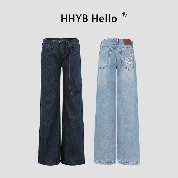 HHYB Hello低腰复古低腰直筒阔腿牛仔裤2024新款水洗长裤Q244286