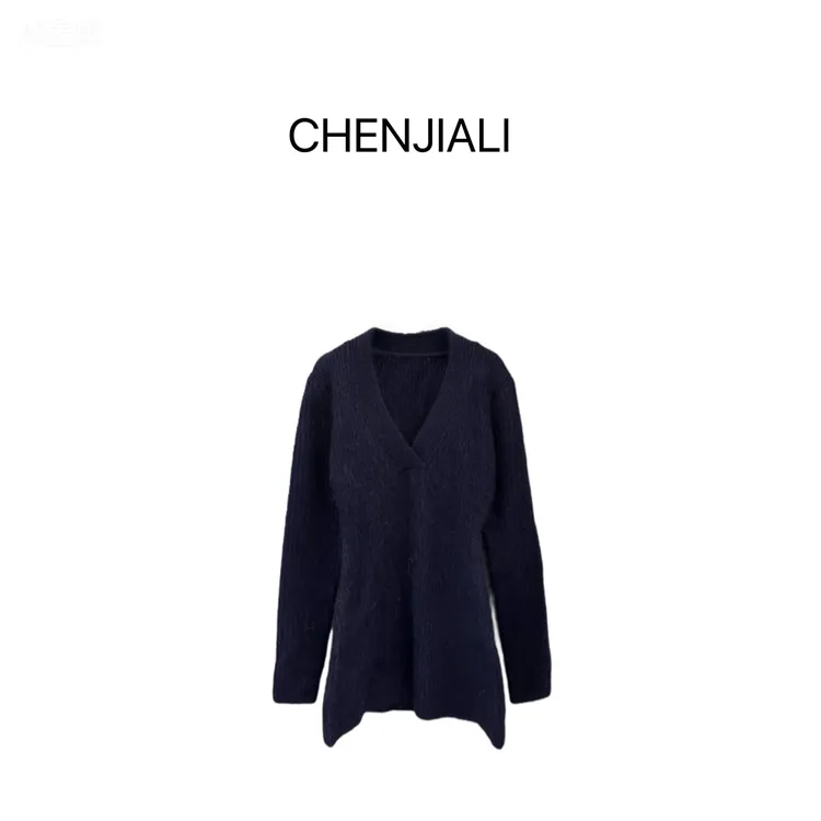 CHENJIALI 【雾蓝织暖】V领长袖针织连衣裙坑条显瘦修身套头毛衣