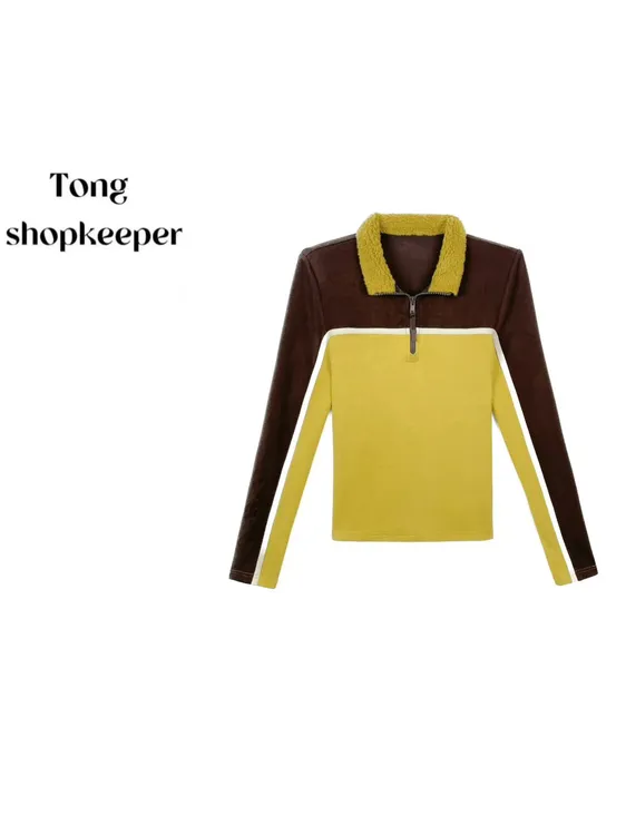 QJ/彤掌柜1682990 冬款25加厚绵羊毛怀旧复古风拼色减龄保暖上衣