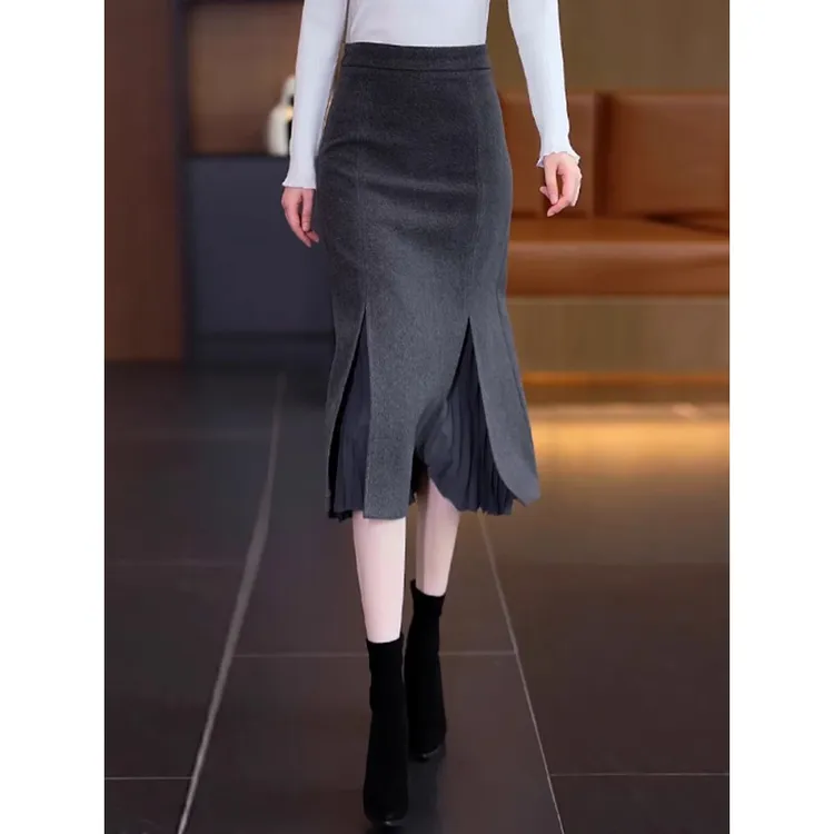 灰色毛呢半身裙女2025新款秋冬季包臀裙步步生莲鱼尾裙长款一步裙