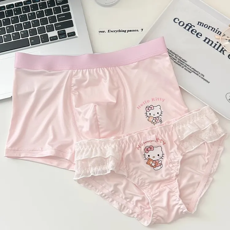 粉色经典KT情侣内裤一男一女可爱卡通夏蕾丝纯棉裆内衣三件套