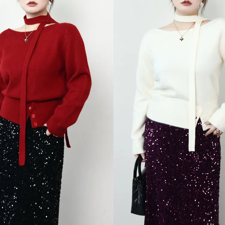 裂渡宣宣【圣诞序章】微胖大码女冬时尚气质氛围感系带毛衣ZY412K39