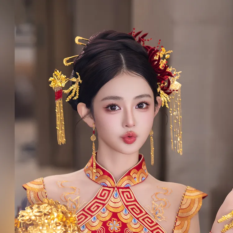 合金婚庆饰品 新娘绒花超仙金色流苏步摇秀禾造型结婚发饰女G0331