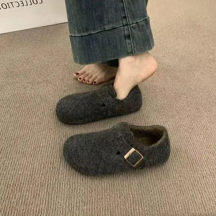 CH复古毛毡加绒勃肯鞋女2025秋冬新款加绒一脚蹬保暖棉鞋乐福鞋