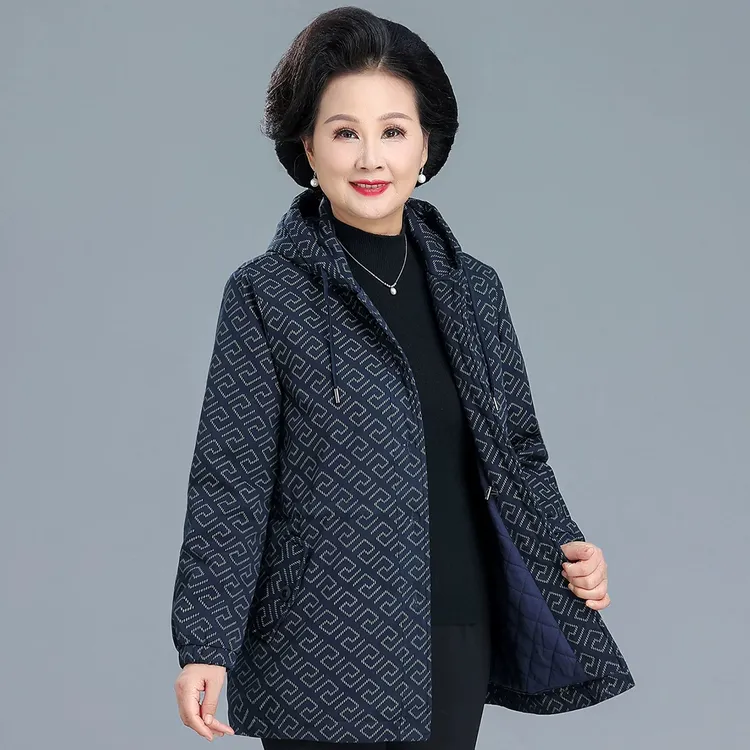 妈妈秋冬女夹棉外套小棉袄中老年连帽纯棉印花上衣奶奶棉服中长款