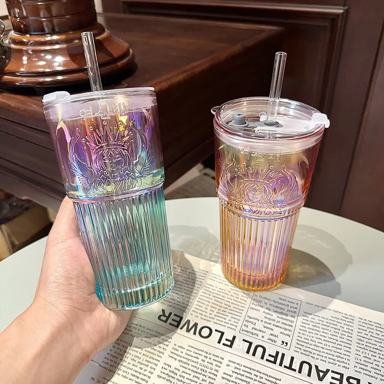  【拍一发二】ins风星爸爸同款玻璃杯带盖大容量随行杯吸管杯女神杯