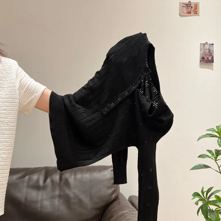 黑色半开圆领镂空针织衫长袖女秋新款修身显瘦基础款气质上衣