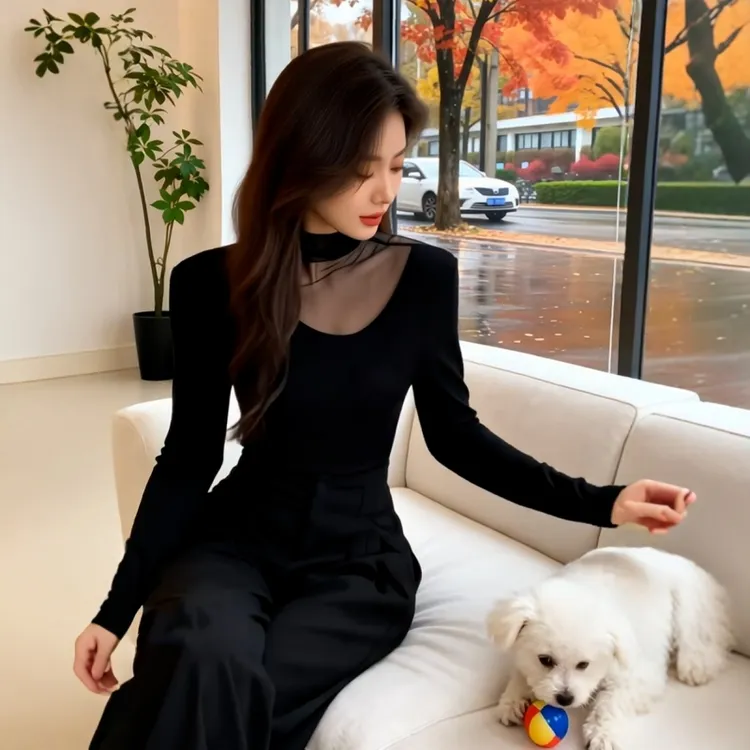 大码女装黑色网纱半高领长袖t恤冬季胖mm显瘦修身内搭打底衫上衣