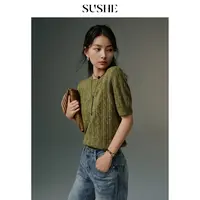 SUSHE 纹趣 松弛感 高弹羊驼羊毛天丝绞花圆领短袖针织套头衫