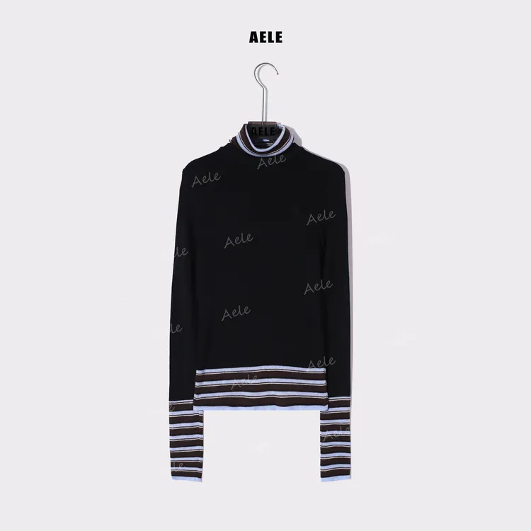 AELE高领修身型条纹拼接高领毛打底衫堆堆领女毛衣 X855 3910 AD