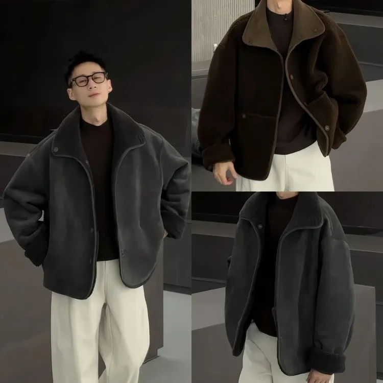 男2025秋冬季重磅美式复古麂皮绒夹克廓形皮毛一体翻领加厚外套