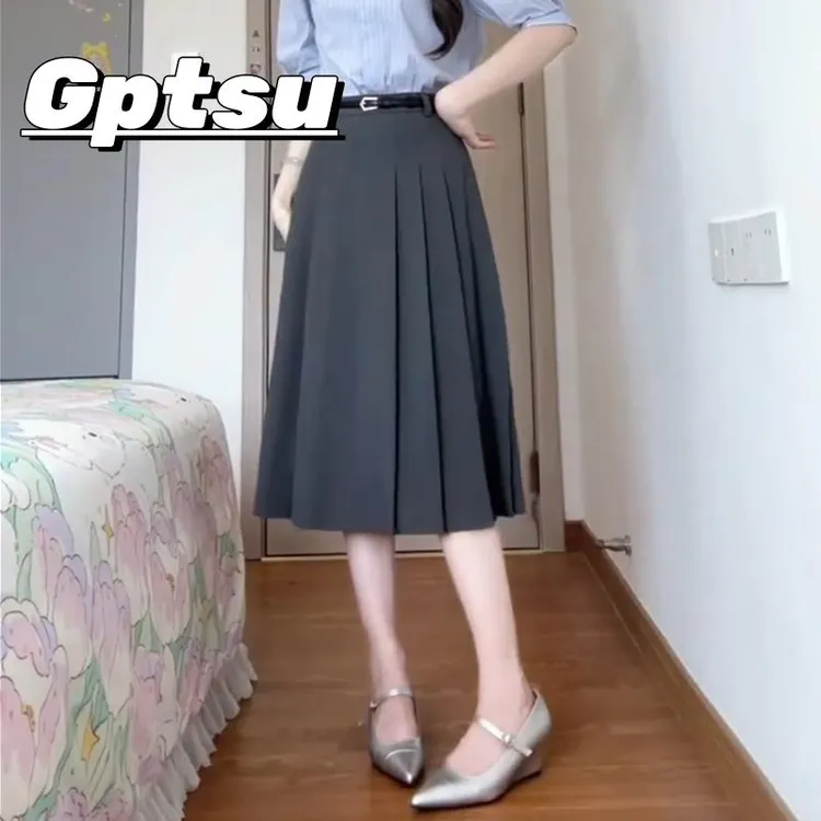 GPTSu西装半身裙女秋冬季中长版灰色百褶裙2025新款高腰显瘦伞裙