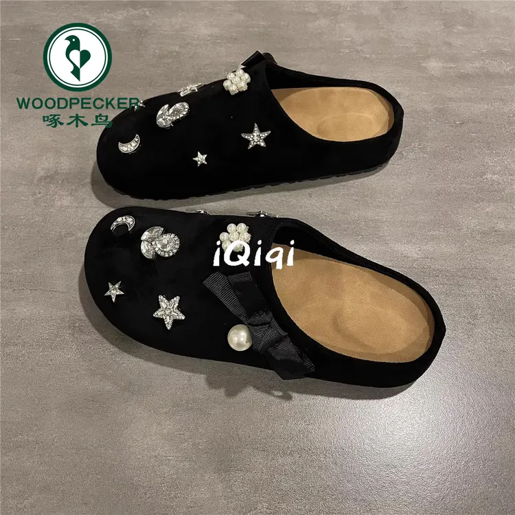 啄木鸟包头半拖勃肯鞋女2025秋季新款星星月亮配饰diy厚底拖鞋女