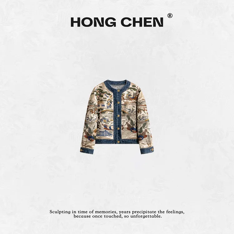 【虹辰】高端时尚重工刺绣优雅金扣百搭高级感休闲牛仔外套--HC2232