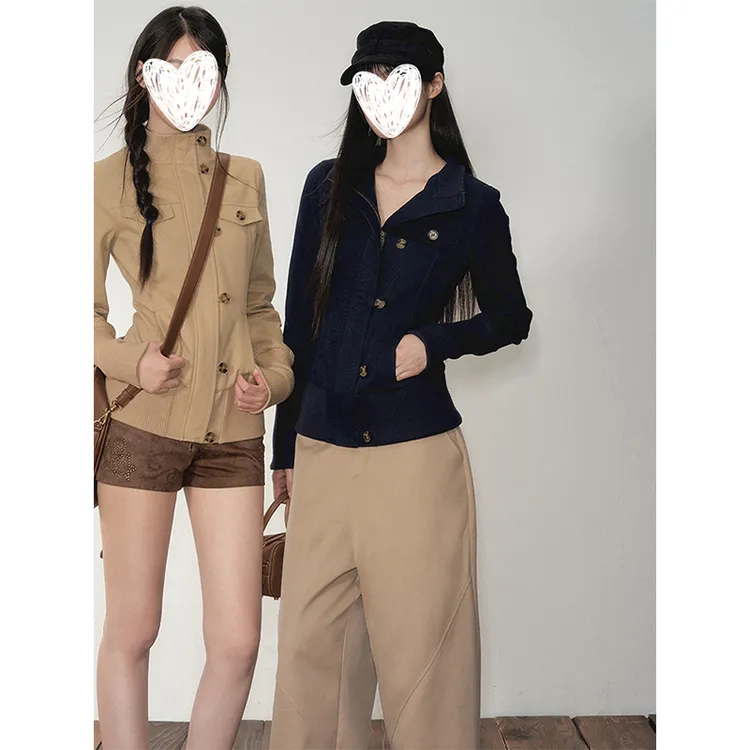 韩系卡其色立领工装夹克短外套女复古修身显瘦拉链系扣上衣潮秋季