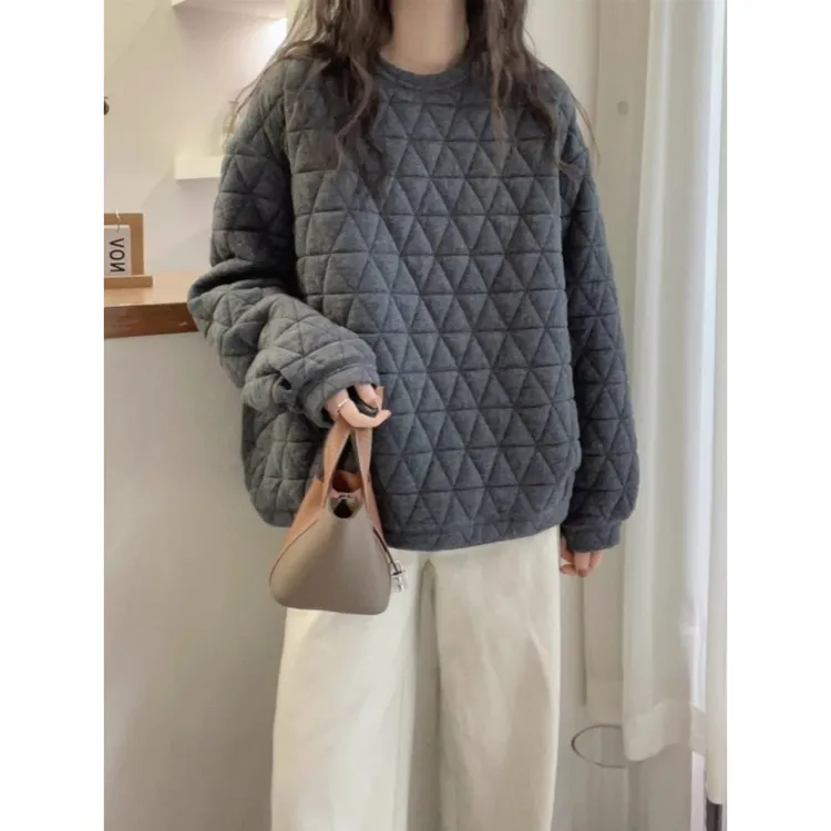 菱格夹棉卫衣女秋冬季时尚大码胖mm宽松慵懒风上衣加厚保暖上衣