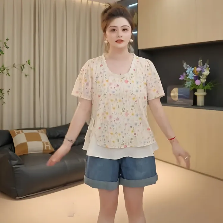 大码女装法式复古假两件碎花短袖T恤夏季胖mm百搭风显瘦减龄上衣