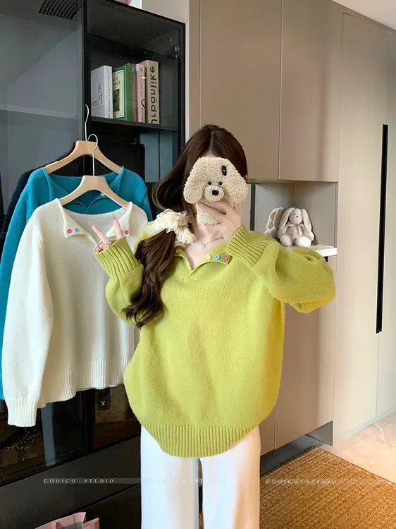 秋冬新款胖mm大码女甜美多巴胺彩色纽扣宽松针织毛衣上衣72051