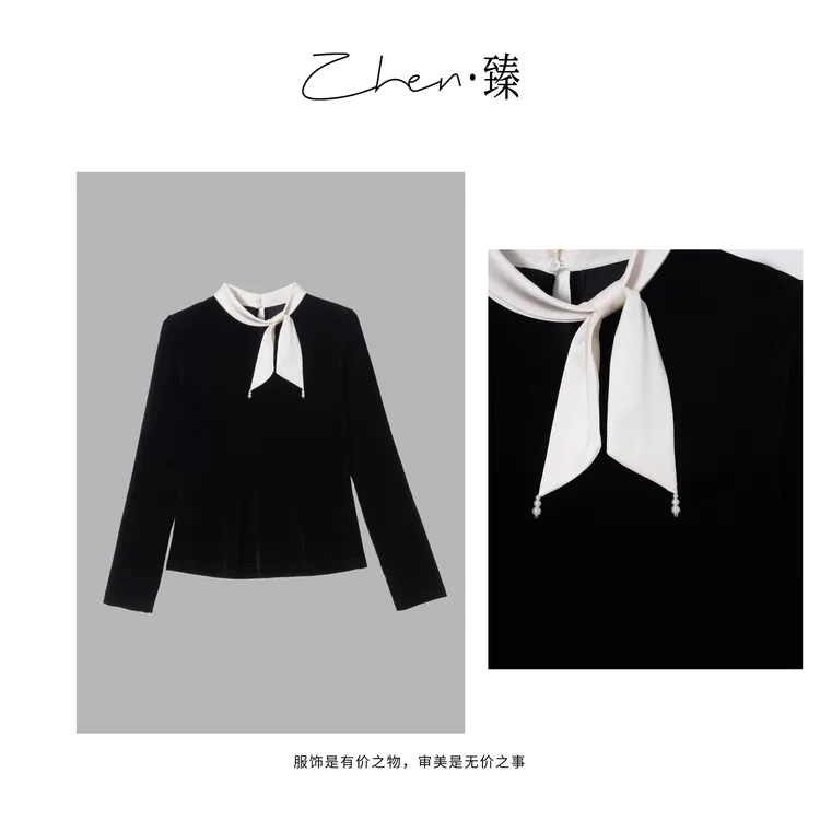 ZHEN.臻 千金小香风香槟蝴蝶结绑带时尚丝绒长袖衬衫CS8792Z