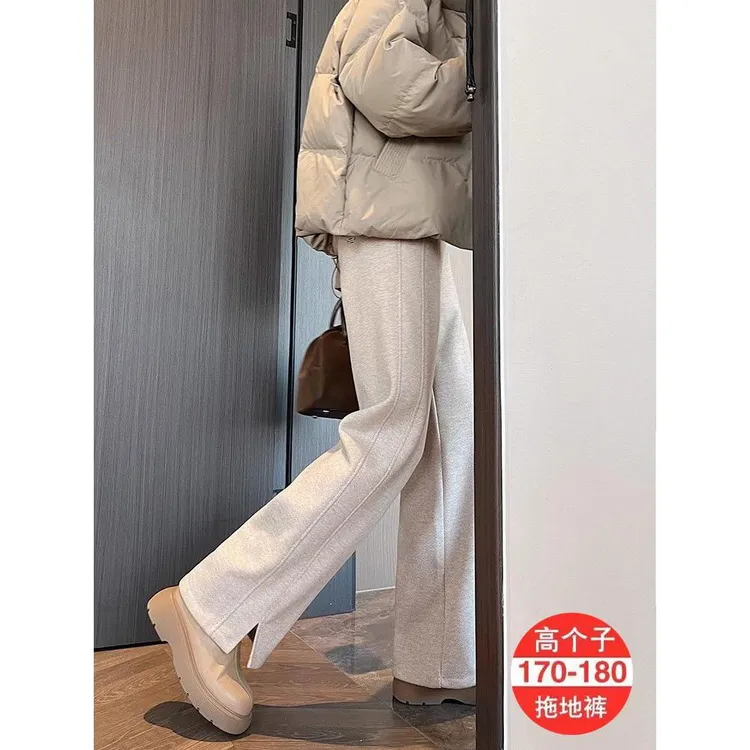 加绒加厚秋冬2025新款春秋款开叉裤子直筒高腰高个子人字纹裤女