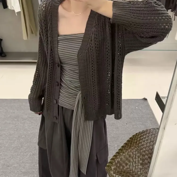 条纹系带抹胸背心开衫外套阔腿裤胖mm2025秋季款显瘦宽松大码女装