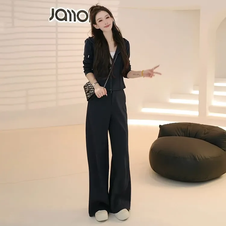 韩版休闲运动套装秋季新款女修身显瘦连帽开衫卫衣直筒长裤两件套