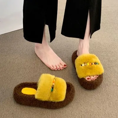 复古毛绒保暖毛毛拖鞋女外穿2024秋冬新款小众串珠厚底一字棉拖鞋