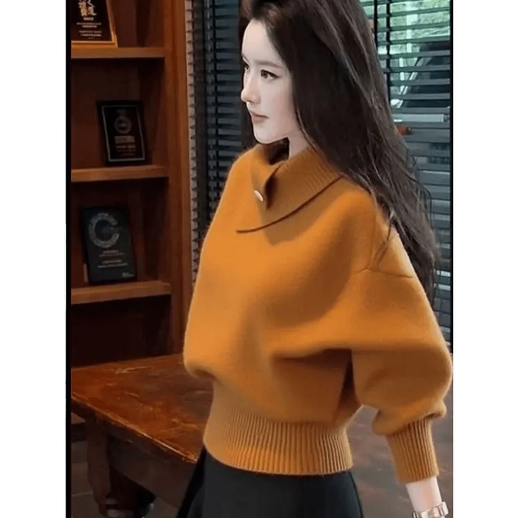 秋冬韩系淡人高知老钱风轻熟设计感软糯慵懒橘色高领打底针织衫女