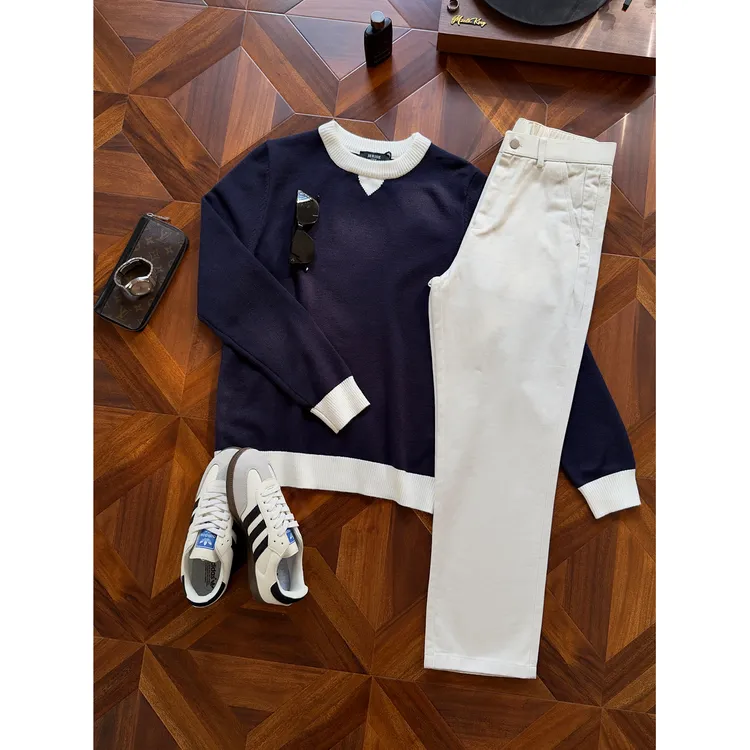 VINCENT秋冬保暖假两件针织衫休闲白色毛衣男士时尚撞色圆领长袖