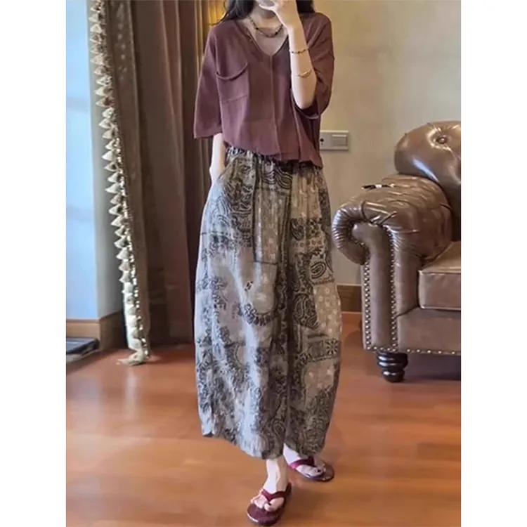 复古轻奢印花阔腿休闲裤女2025夏季薄款大码胖mm小个子直筒奶奶裤
