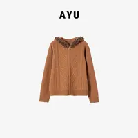 阿玉家&时尚毛领连帽针织开衫韩系慵懒风秋冬连帽羊毛衫#4057