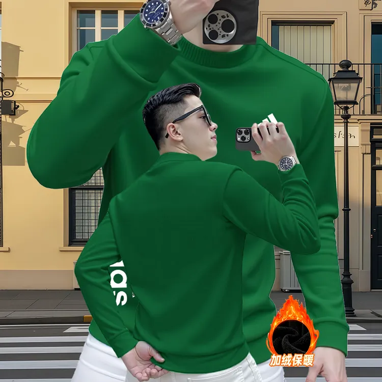 2025新款休闲长袖卫衣男冬季加绒圆领套头衫宽松运动上衣简约男装
