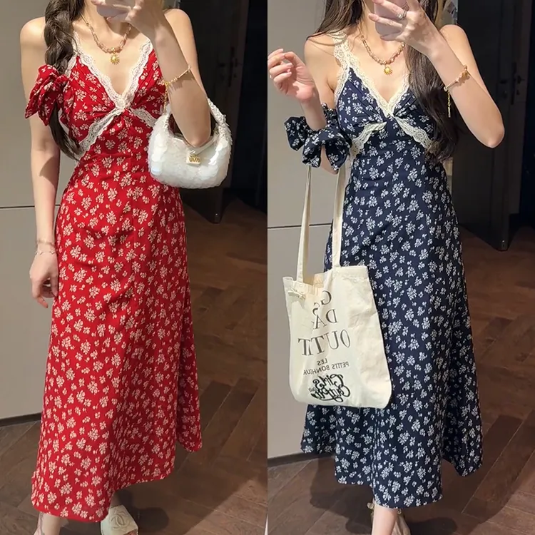 【mimius】L 法式蕾丝吊带设计V领碎花连衣裙（含发圈） G04182