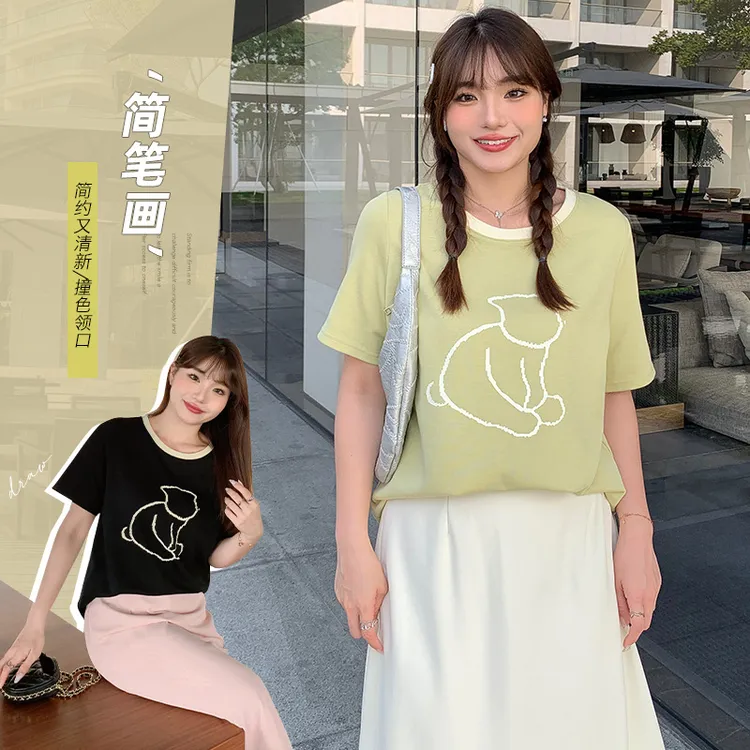 简笔画个性设计撞色t恤夏季大码女装可爱趣味T针织正肩上衣62386
