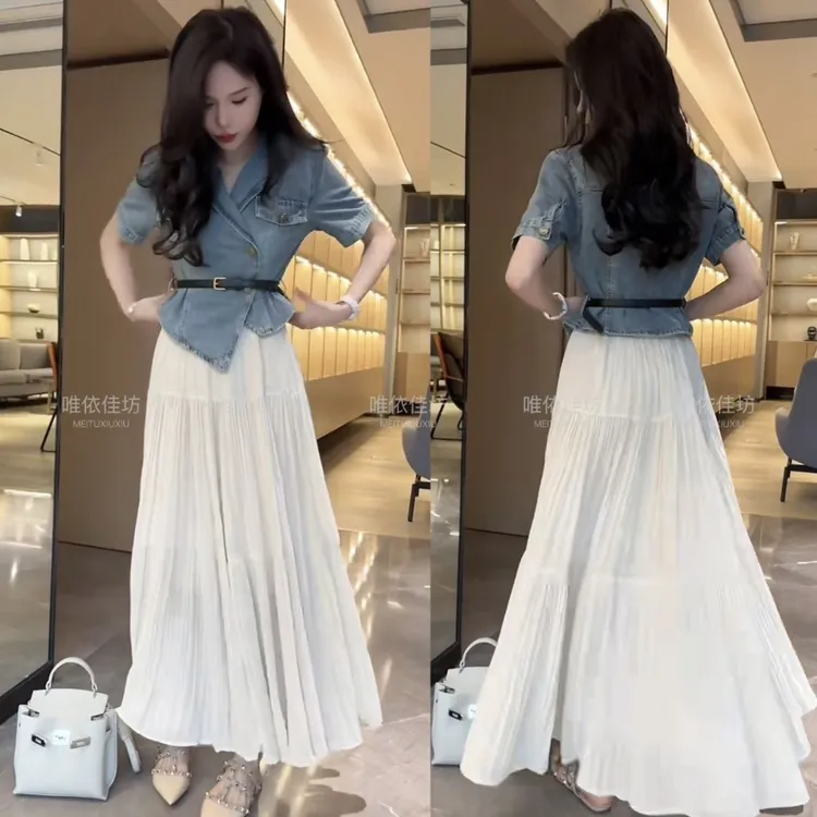 夏季新款一整套洋气公仔薄款牛仔短袖韩系仙仙显瘦半身长裙套装