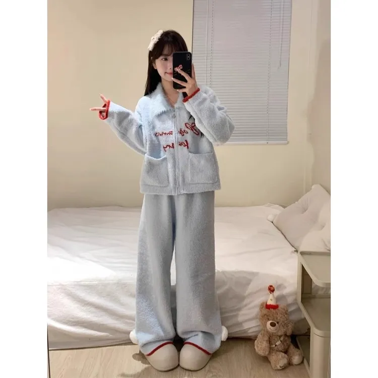 韩系蓝色字母毛衣半边绒睡衣女秋冬季新款保暖加厚长裤家居服套装