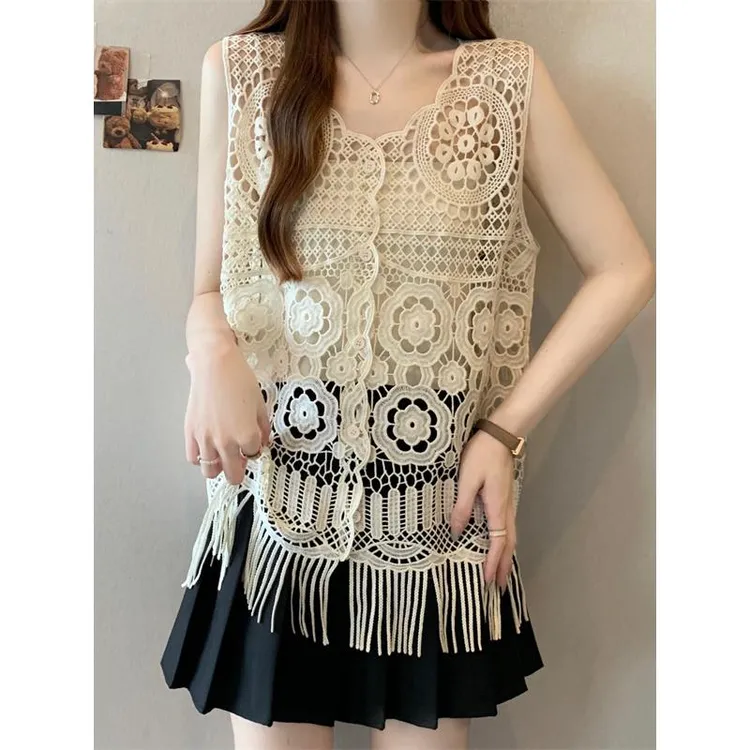 浅蓝色钩花镂空流苏马甲女外搭2025夏季大码胖mm叠穿薄款背心上衣