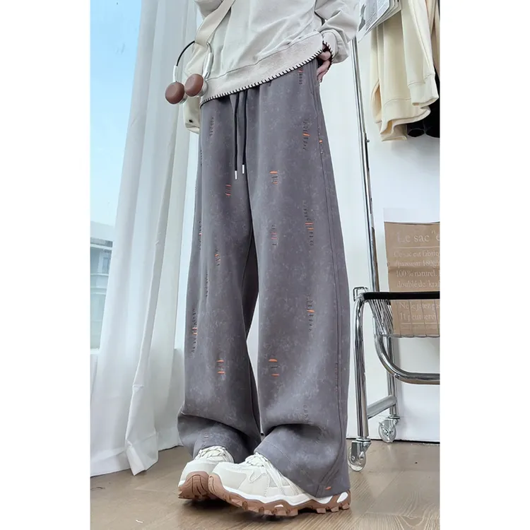 高街潮牌重磅破洞扎染重磅卫裤男女直筒秋季美式复古休闲运动长裤
