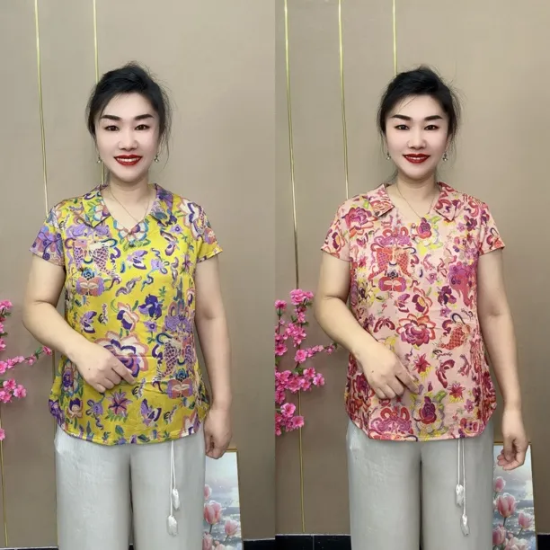 夏季新款短袖翻领大码显瘦碎花中老年妈妈装上衣