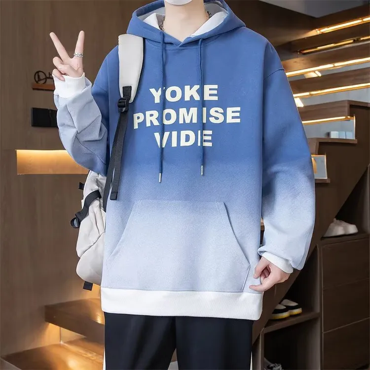 渐变连帽卫衣男春秋季休闲潮牌青少年套头上衣服宽松潮流帅气外套