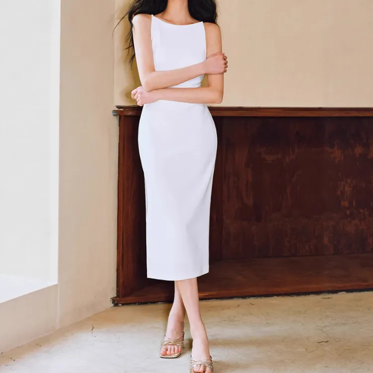 TR乱麻针织|骨感立裁手工捏褶|一字领侧开叉背心连衣裙