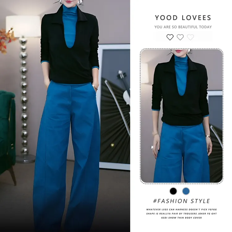 今年流行撞色拼接假两件长袖上衣显瘦百搭休闲长裤秋冬新款两件套